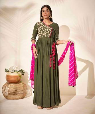 Olive green georgette crepe anarkali 1