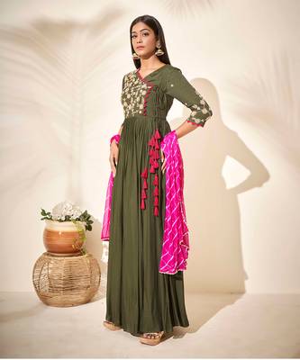 Olive green georgette crepe anarkali 2