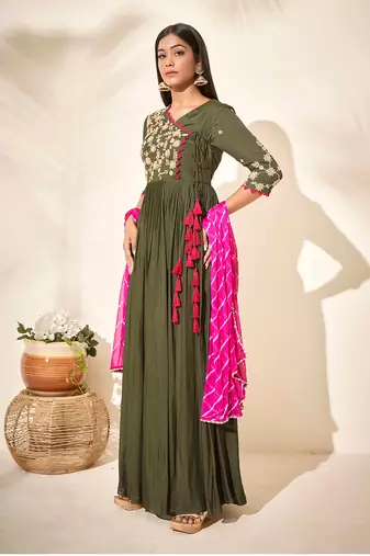 Olive green georgette crepe anarkali