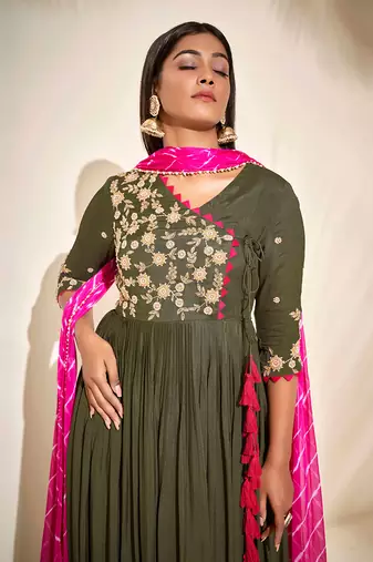 Olive green georgette crepe anarkali