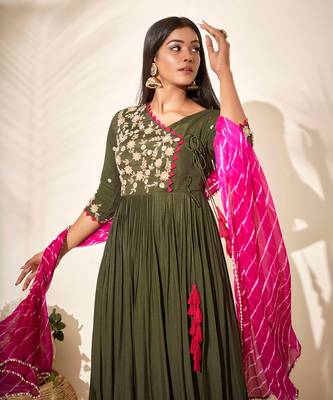 Olive green georgette crepe anarkali 4