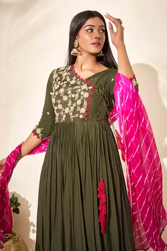 Olive green georgette crepe anarkali