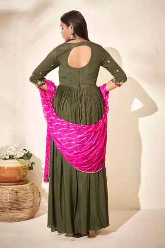 Olive green georgette crepe anarkali