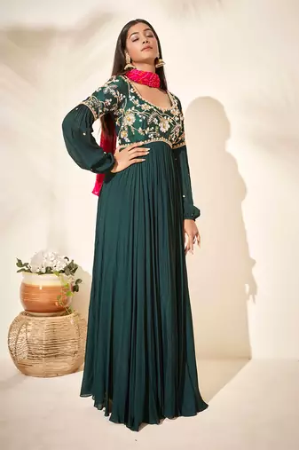 Bottle green georgette crepe anarkali