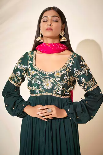 Bottle green georgette crepe anarkali