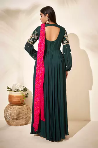 Bottle green georgette crepe anarkali