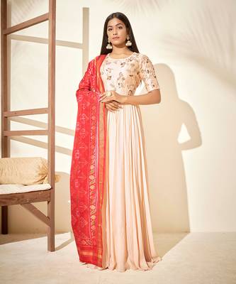 Beige and red raw silk anarakali 1