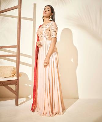 Beige and red raw silk anarakali 2