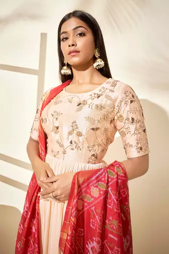 Beige and red raw silk anarakali