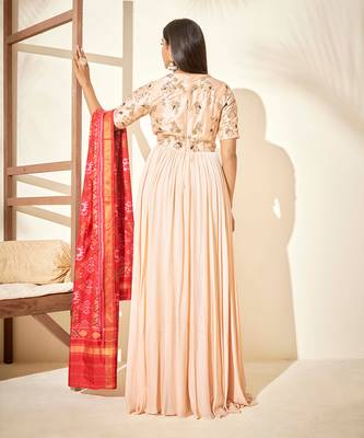 Beige and red raw silk anarakali 4