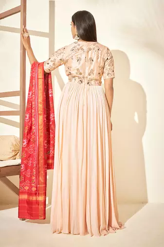 Beige and red raw silk anarakali