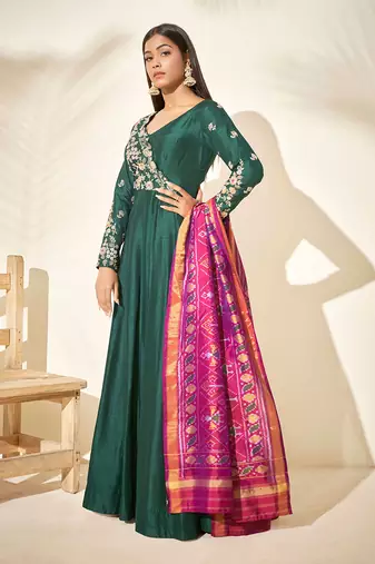 Bottle green silk anarakali