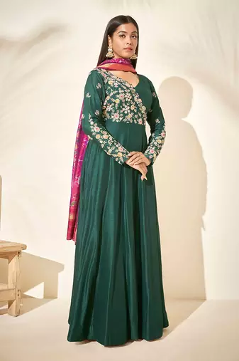 Bottle green silk anarakali