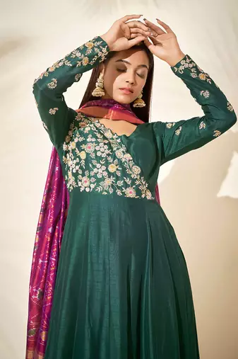 Bottle green silk anarakali