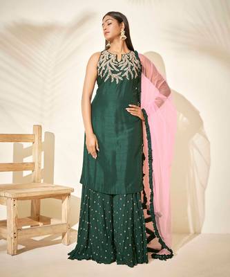 Bottle green and pink silk sharara set 1