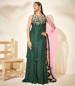 Bottle green and pink silk sharara set