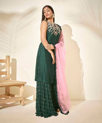 Bottle green and pink silk sharara set 2