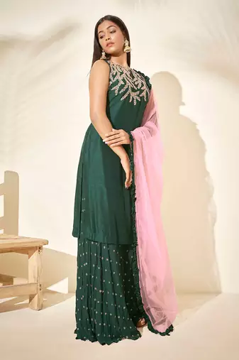Bottle green and pink silk sharara set
