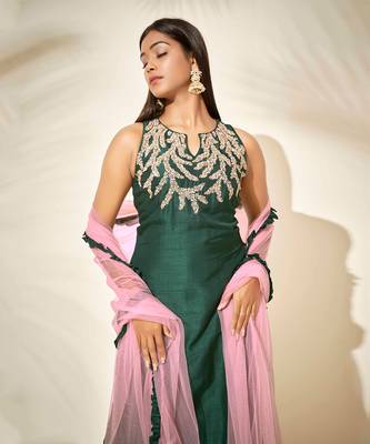 Bottle green and pink silk sharara set 3