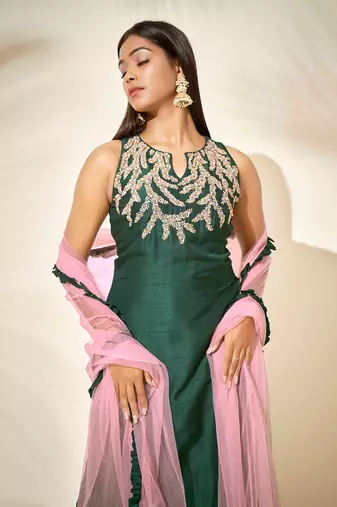 Bottle green and pink silk sharara set