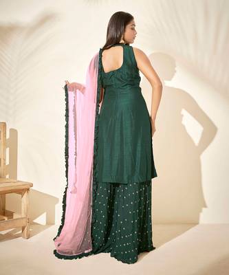 Bottle green and pink silk sharara set 4