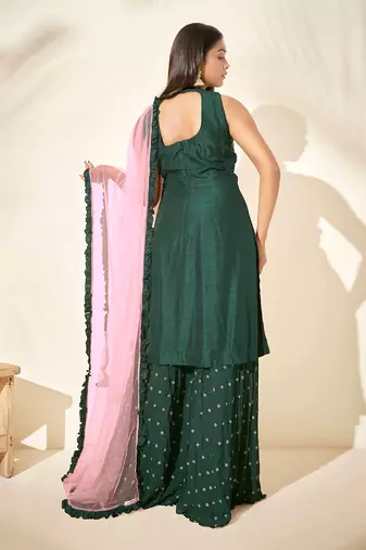 Bottle green and pink silk sharara set