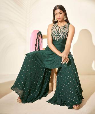 Bottle green and pink silk sharara set 5