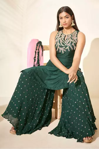 Bottle green and pink silk sharara set