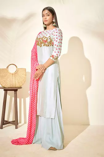 Sea green and pink silk sharara set