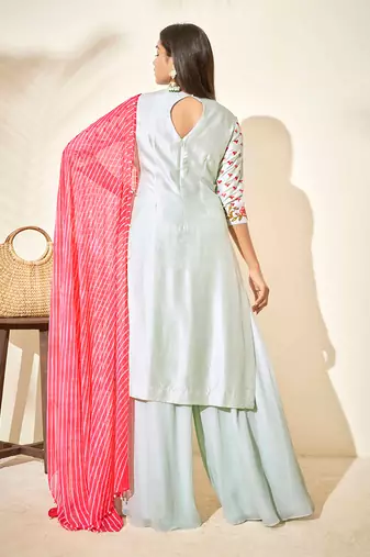 Sea green and pink silk sharara set