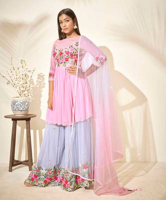 Pink and lilac georgette sharara set 1