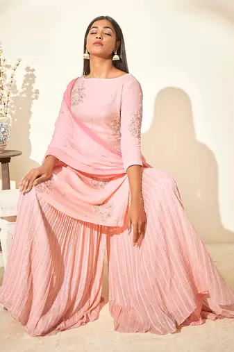 Pink georgette crepe sharara set
