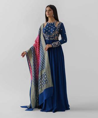 Peacock blue and pink georgette crepe anarakali 1