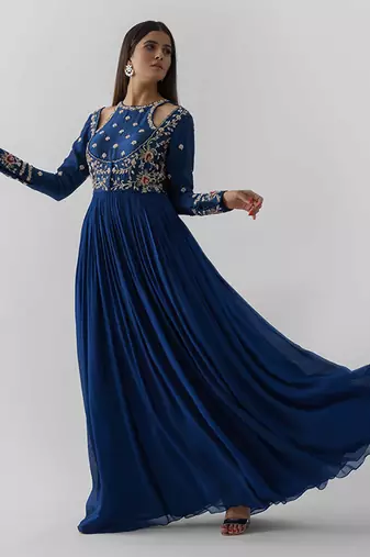Peacock blue and pink georgette crepe anarakali