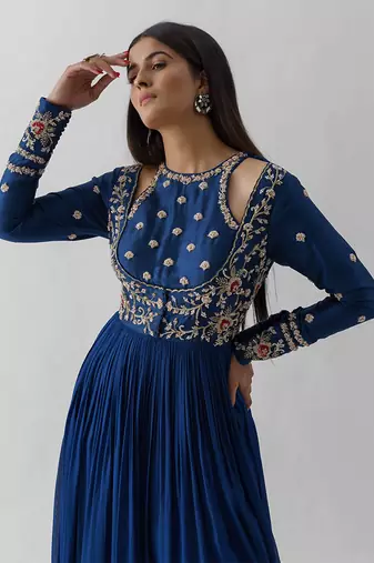 Peacock blue and pink georgette crepe anarakali
