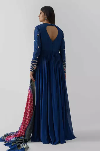 Peacock blue and pink georgette crepe anarakali