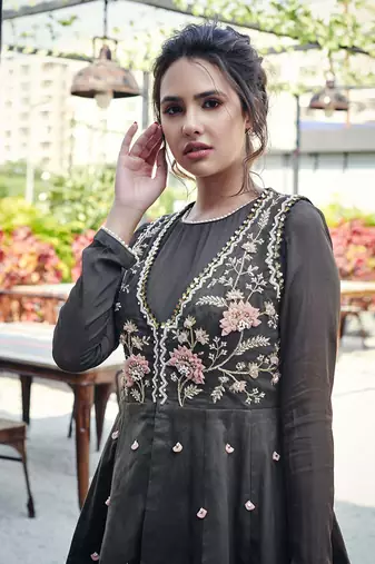 Khakhi silk anarakali