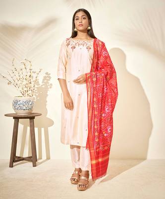 Creme and red silk kurta set 1