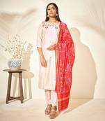 Creme and red silk kurta set