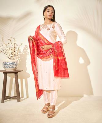 Creme and red silk kurta set 2