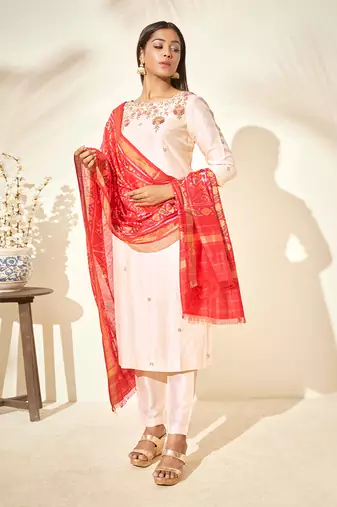 Creme and red silk kurta set