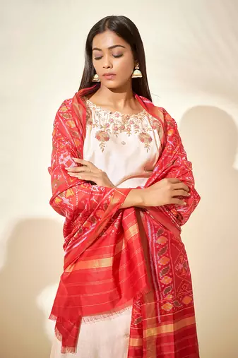 Creme and red silk kurta set
