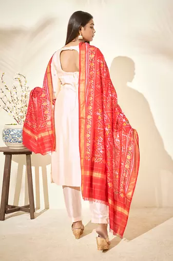Creme and red silk kurta set