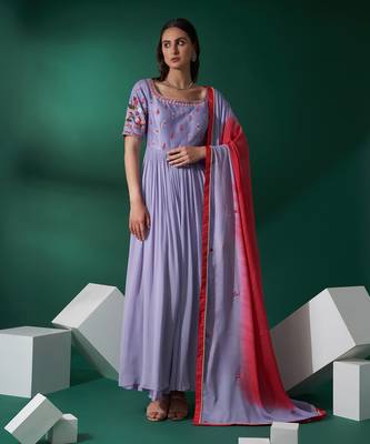 Lilac and pink silk anarkali set 1