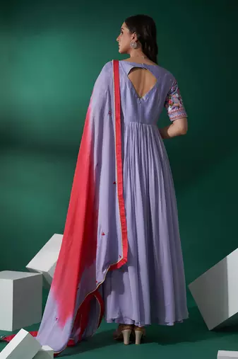 Lilac and pink silk anarkali set