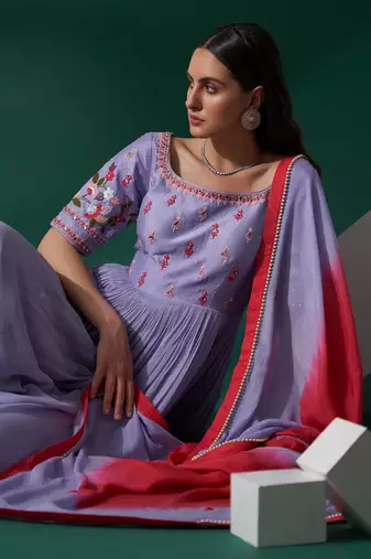 Lilac and pink silk anarkali set