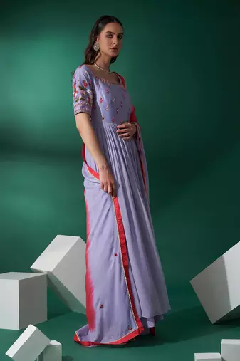 Lilac and pink silk anarkali set