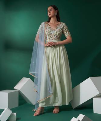 Mint green and aqua blue cotton silk anarkali set 1