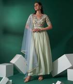 Mint green and aqua blue cotton silk anarkali set