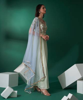 Mint green and aqua blue cotton silk anarkali set 2